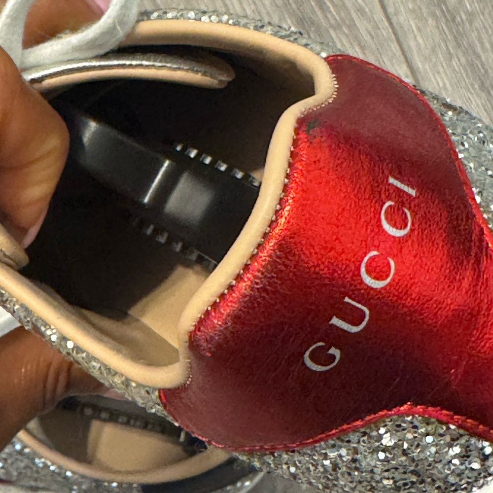 Gucci Silver Glitter Sneakers with Pink and Black Web - Picture 10 of 11